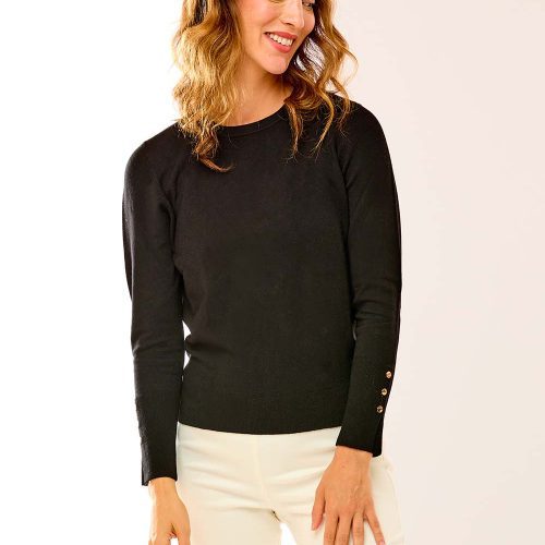 Crew Pullover With Button Cuff Slit in Black