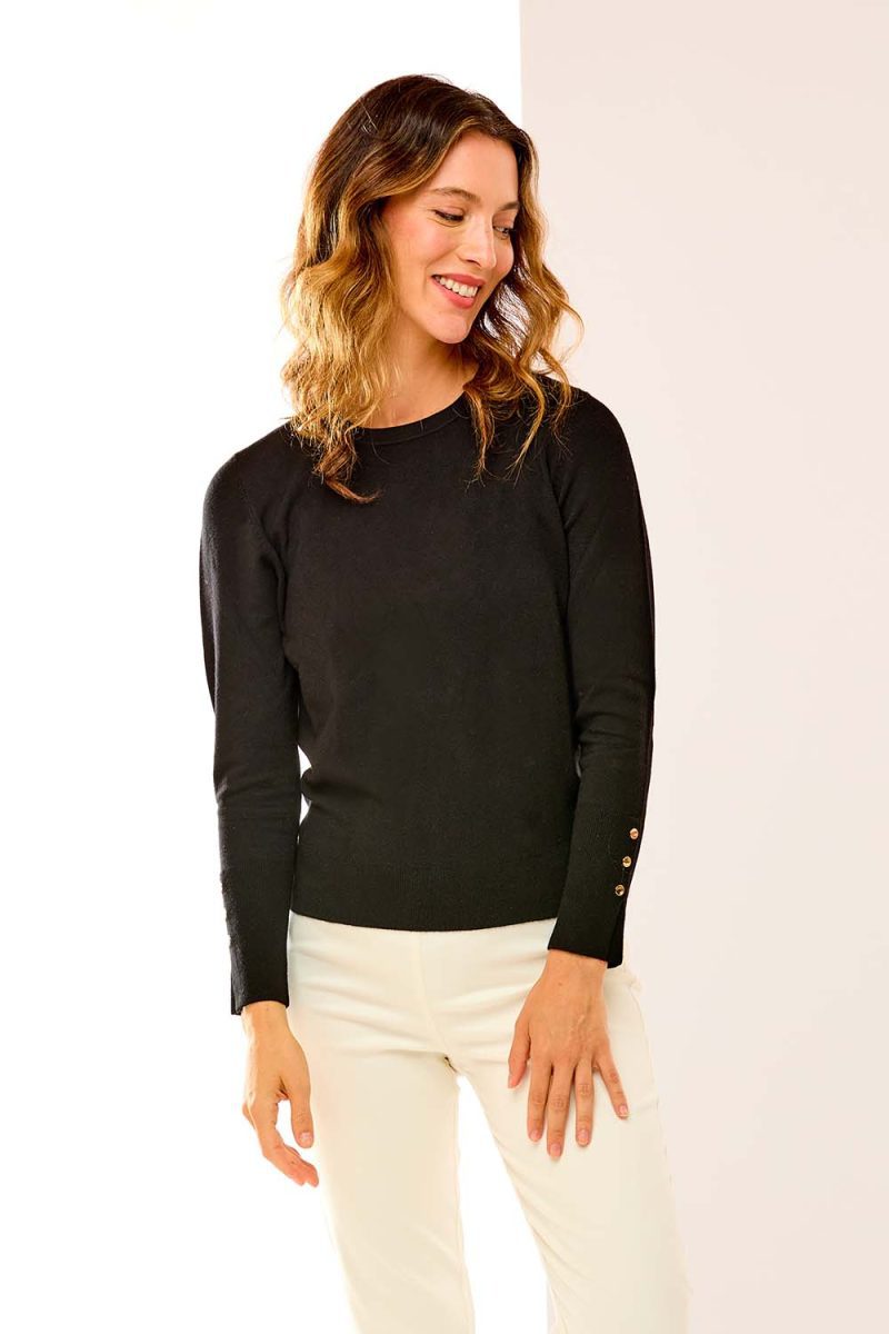 Crew Pullover With Button Cuff Slit in Black