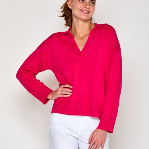 Woman in hibiscus sweater 