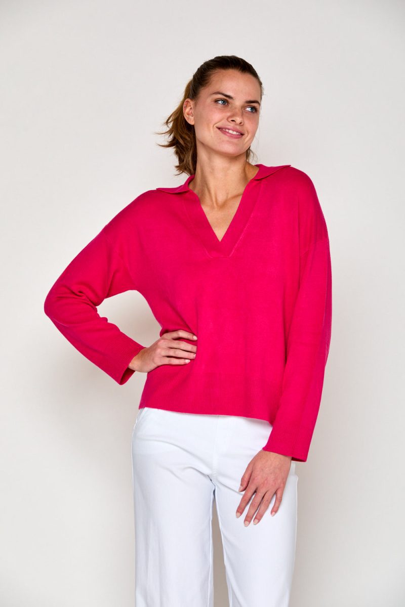 Woman in hibiscus sweater