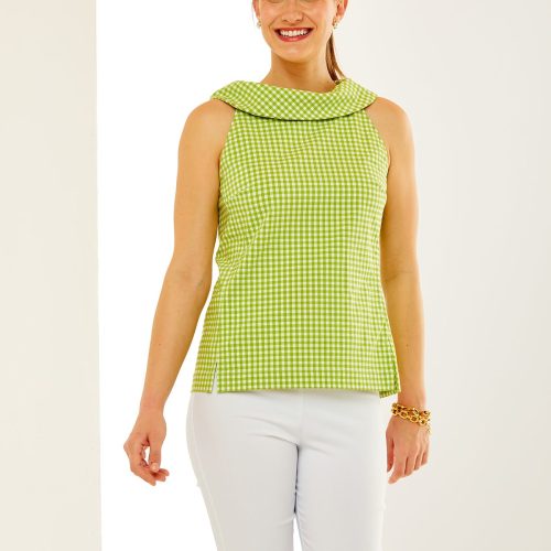 Woman in green and white gingham top